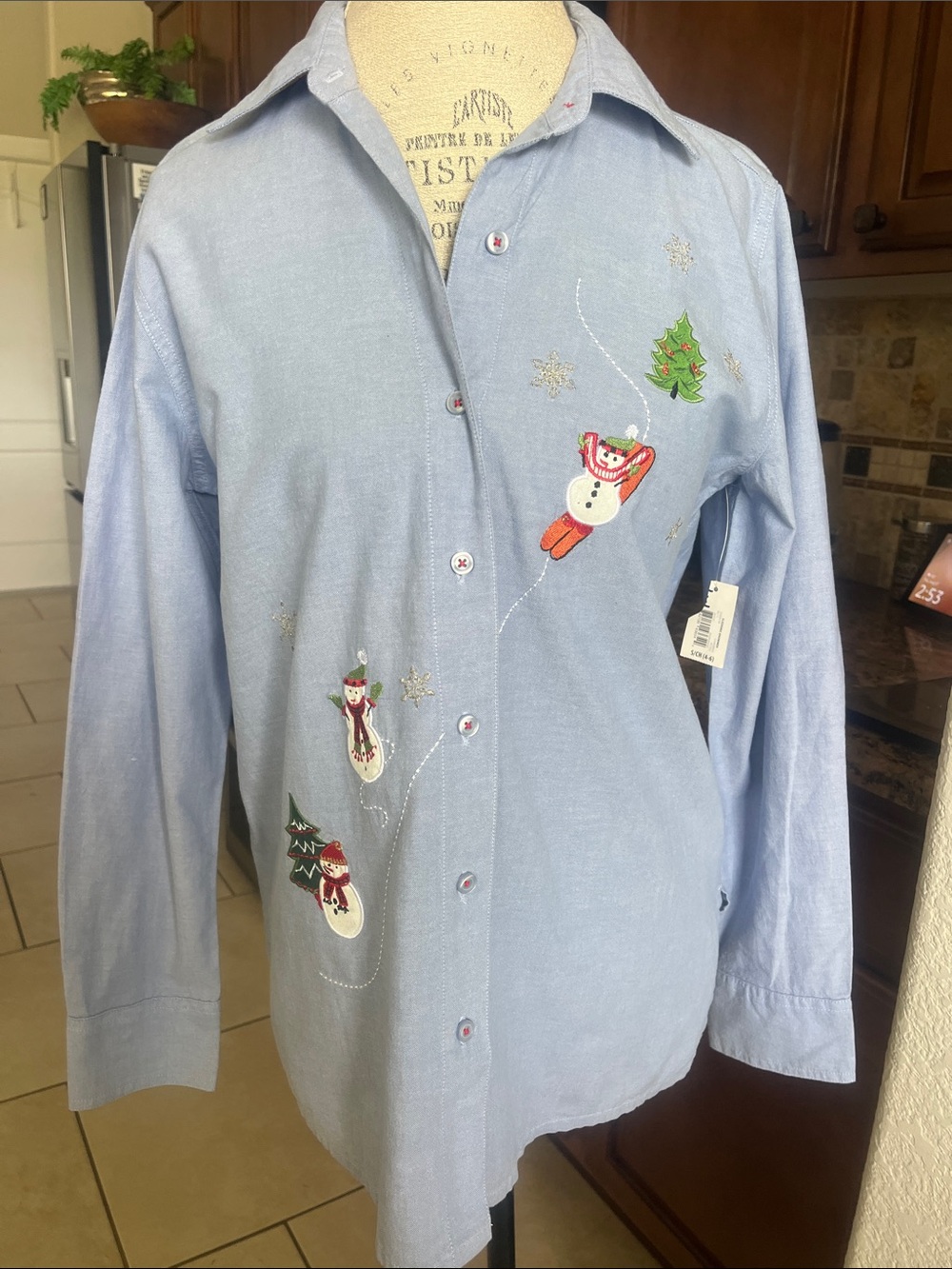 NWT Holiday Time chambray 100% cotton button down sledding snowman SM